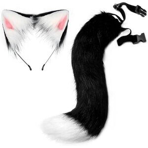🆕 Halloween Black Faux Fur Cat Fox Ears Headband Wolf Tail Party Costume Adult